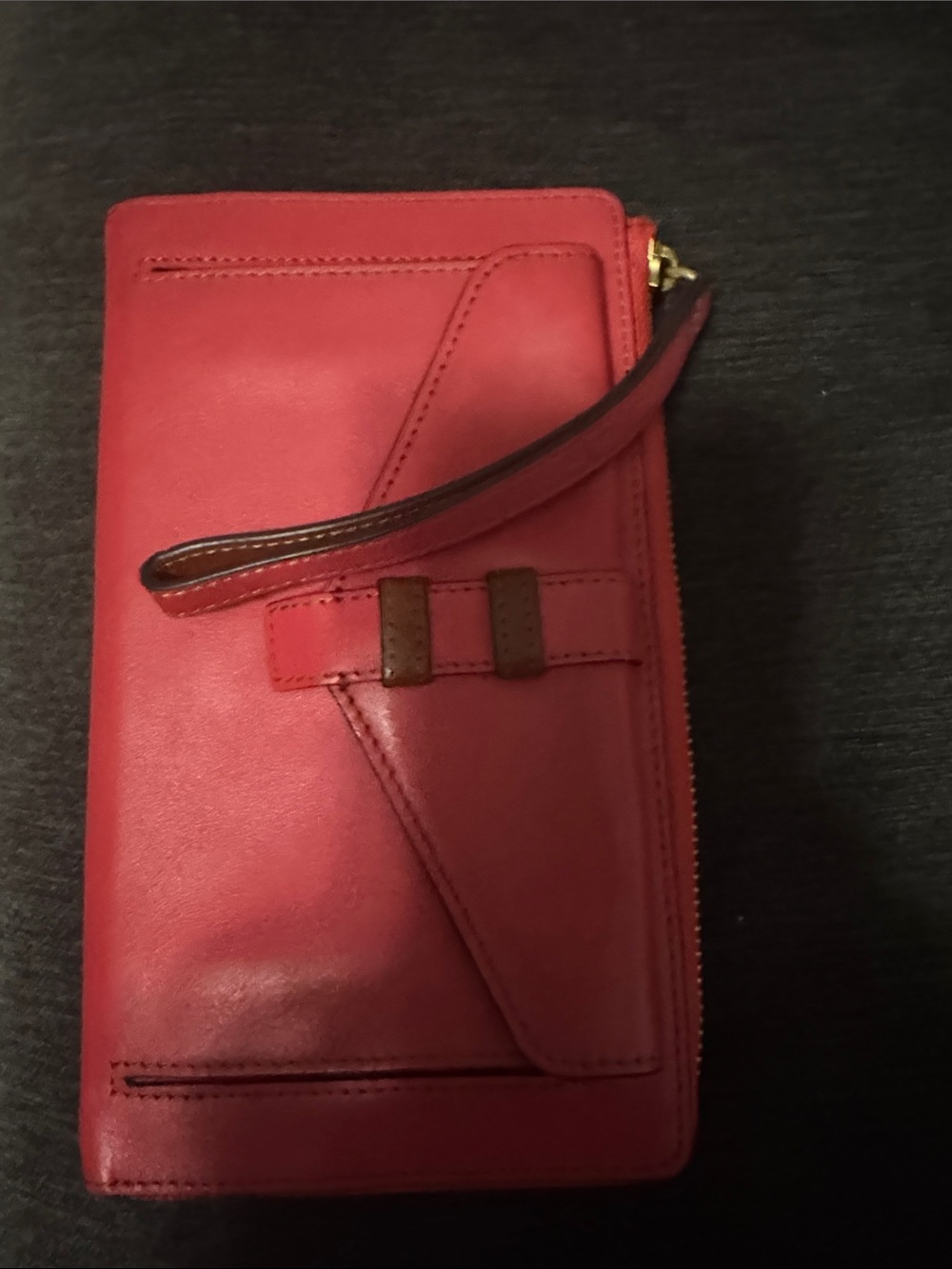 Vera Bradley Red Leather Wristlet Wallet with Brown Strap Accent
